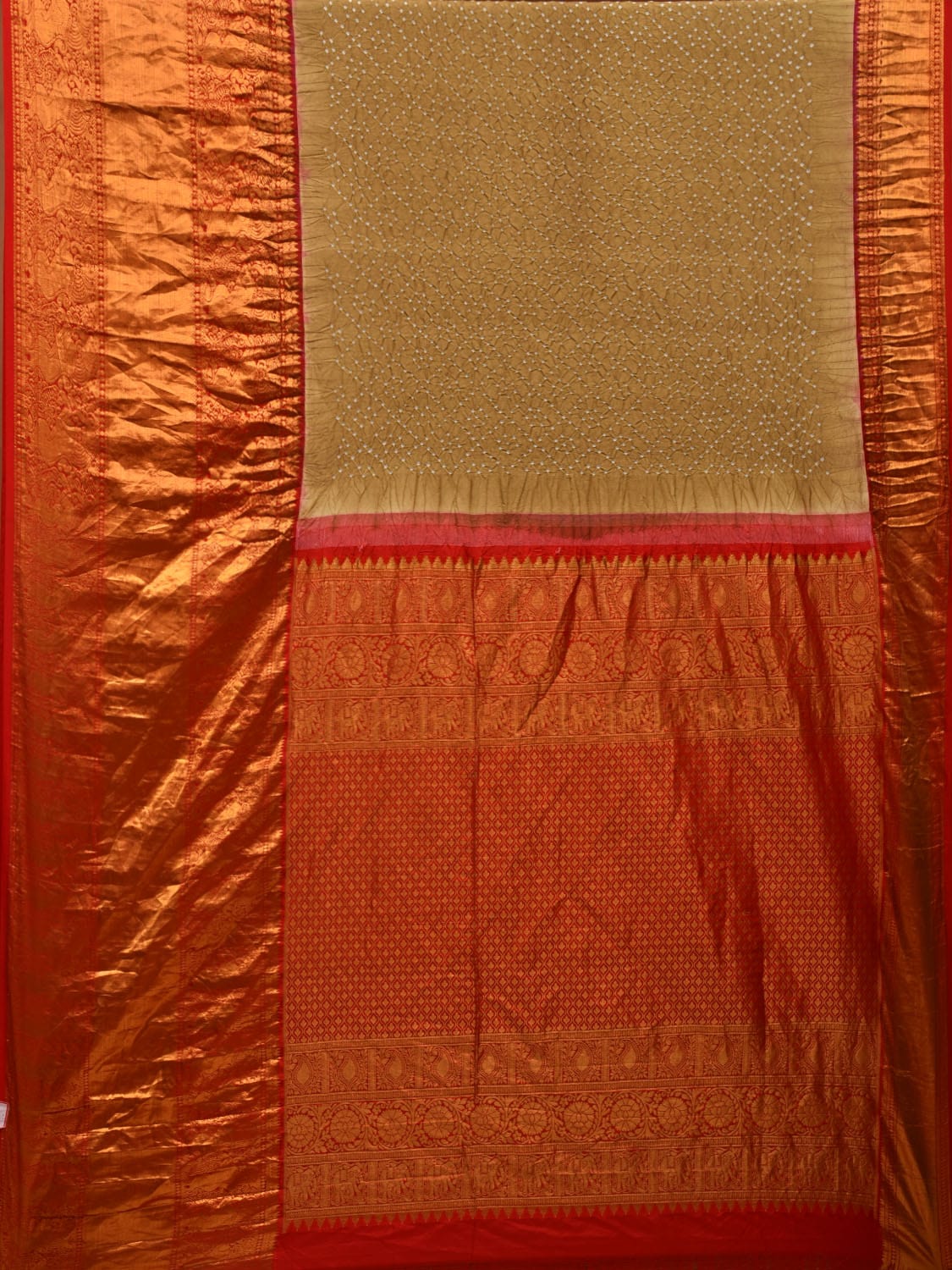 Olive Bandhani Kanchipuram Silk Handloom Saree with Border and Pallu Design bn0428