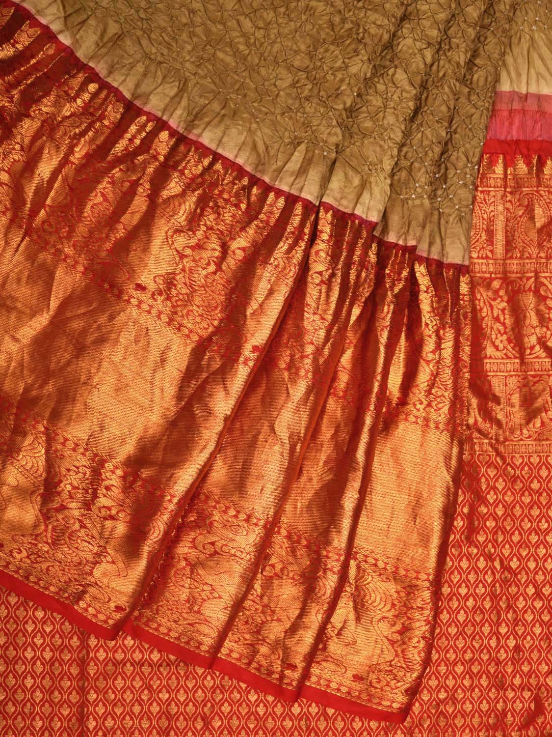 Olive Bandhani Kanchipuram Silk Handloom Saree with Border and Pallu Design bn0428