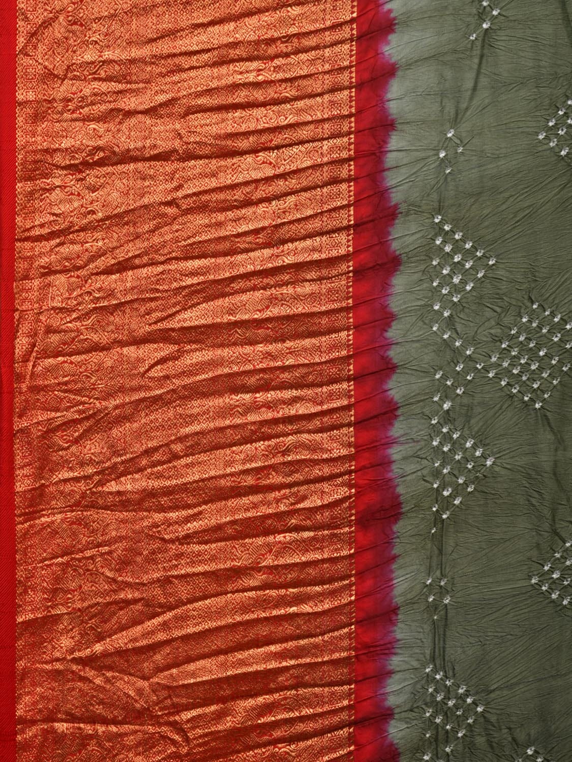 Olive Bandhani Kanchipuram SIlk Handloom Saree with Border and Pallu Design bn0434