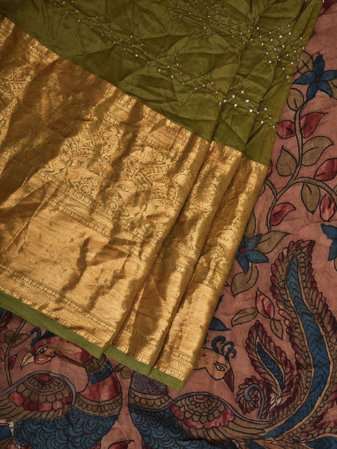 Olive Bandhani Kanchipuram Silk Handloom Saree with Kalamkari Hand Painted Pallu and Blouse Design bn0405