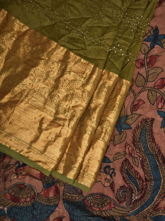 Olive Bandhani Kanchipuram Silk Handloom Saree with Kalamkari Hand Painted Pallu and Blouse Design bn0405