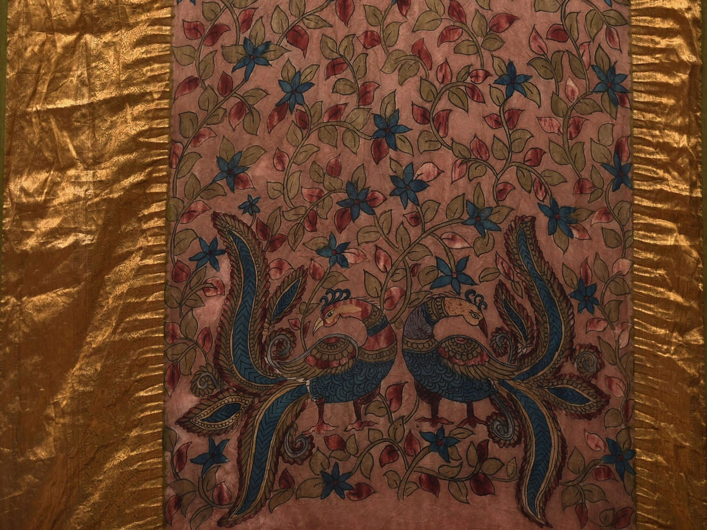 Olive Bandhani Kanchipuram Silk Handloom Saree with Kalamkari Hand Painted Pallu and Blouse Design bn0405