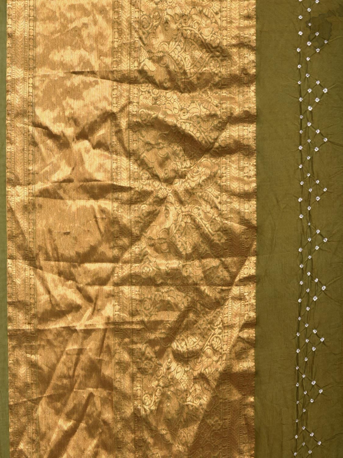 Olive Bandhani Kanchipuram Silk Handloom Saree with Kalamkari Hand Painted Pallu and Blouse Design bn0405