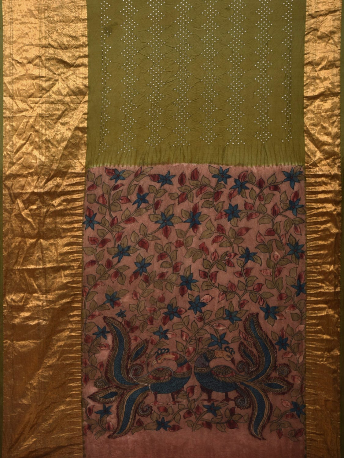 Olive Bandhani Kanchipuram Silk Handloom Saree with Kalamkari Hand Painted Pallu and Blouse Design bn0405