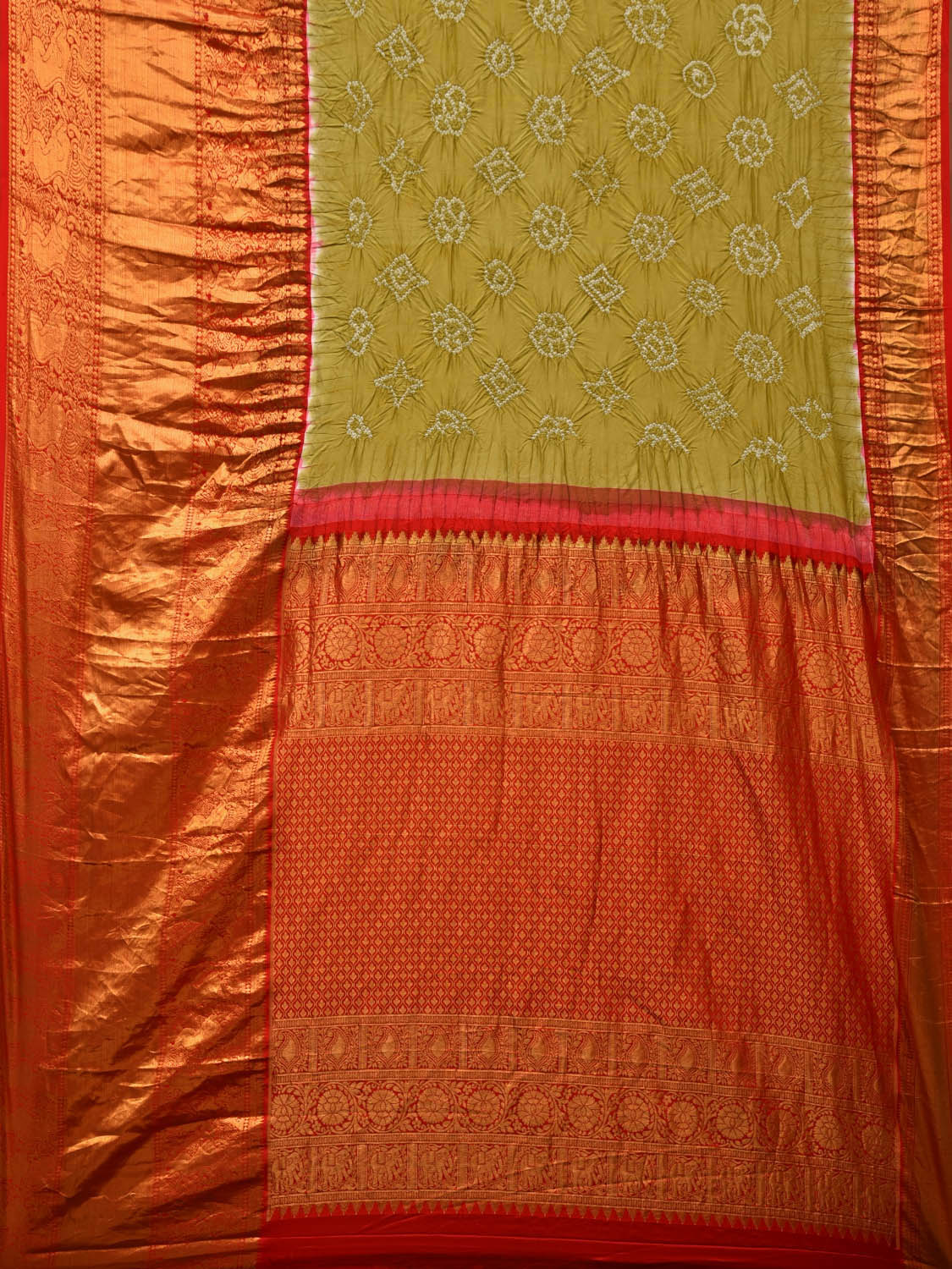 Olive Bandhani Kanchipuram Silk Handloom Saree with Pallu and Border Design bn0471