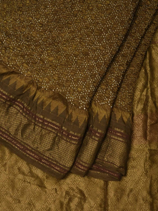 Olive Bandhani Kanchipuram Silk Handloom Saree with Temple Border Design No Blouse bn0248