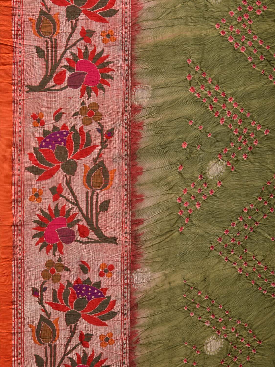 Olive Bandhani Paithani Silk Handloom Saree with Flowers Border and Pallu Design bn0377