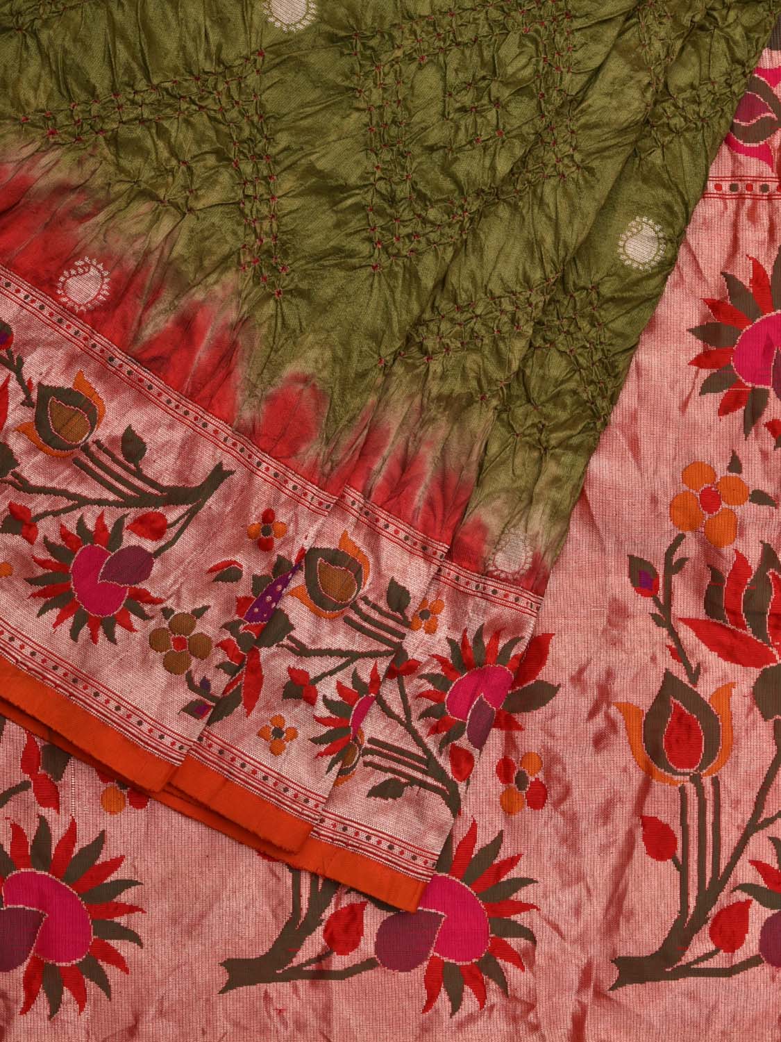 Olive Bandhani Paithani Silk Handloom Saree with Flowers Border and Pallu Design bn0377