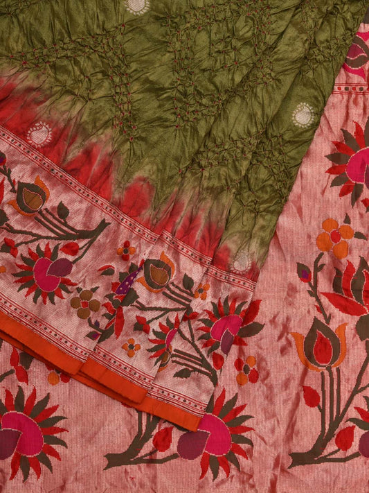 Olive Bandhani Paithani Silk Handloom Saree with Flowers Border and Pallu Design bn0377