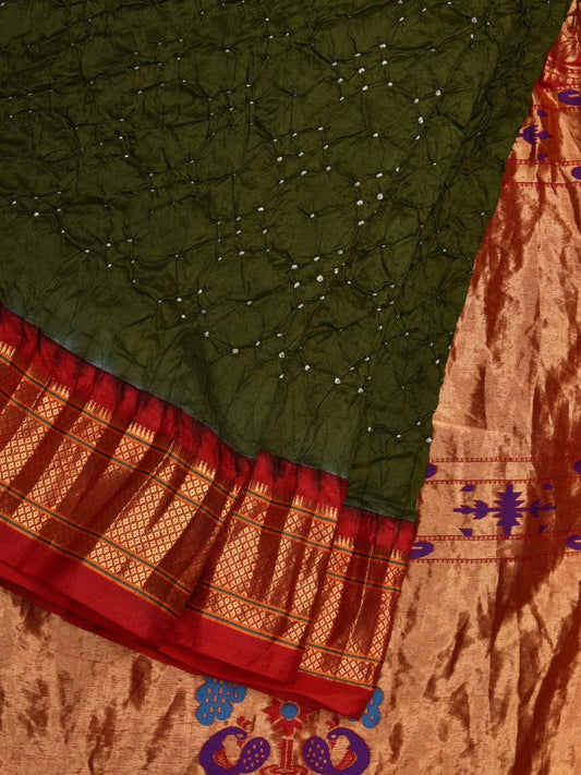 Olive Bandhani Paithani Silk Handloom Saree with Pallu Design bn0275