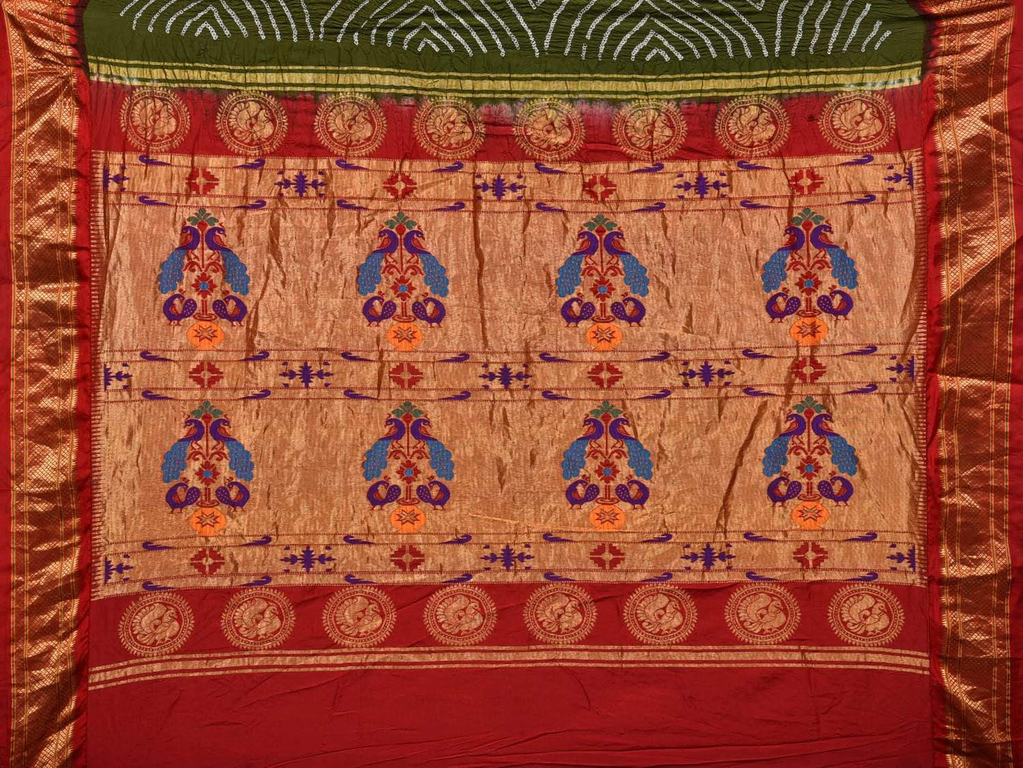 Olive Bandhani Paithani Silk Handloom Saree with Pallu Design bn0275