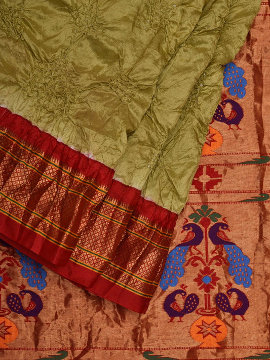 Olive Bandhani Paithani Silk Handloom Saree with Pallu Design bn0358