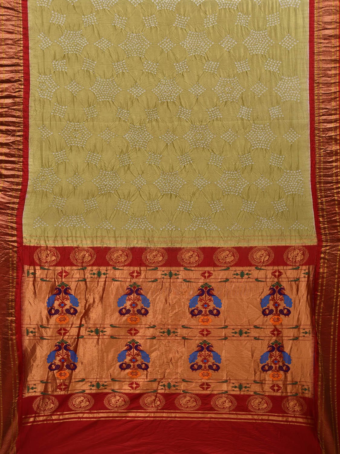 Olive Bandhani Paithani Silk Handloom Saree with Pallu Design bn0358