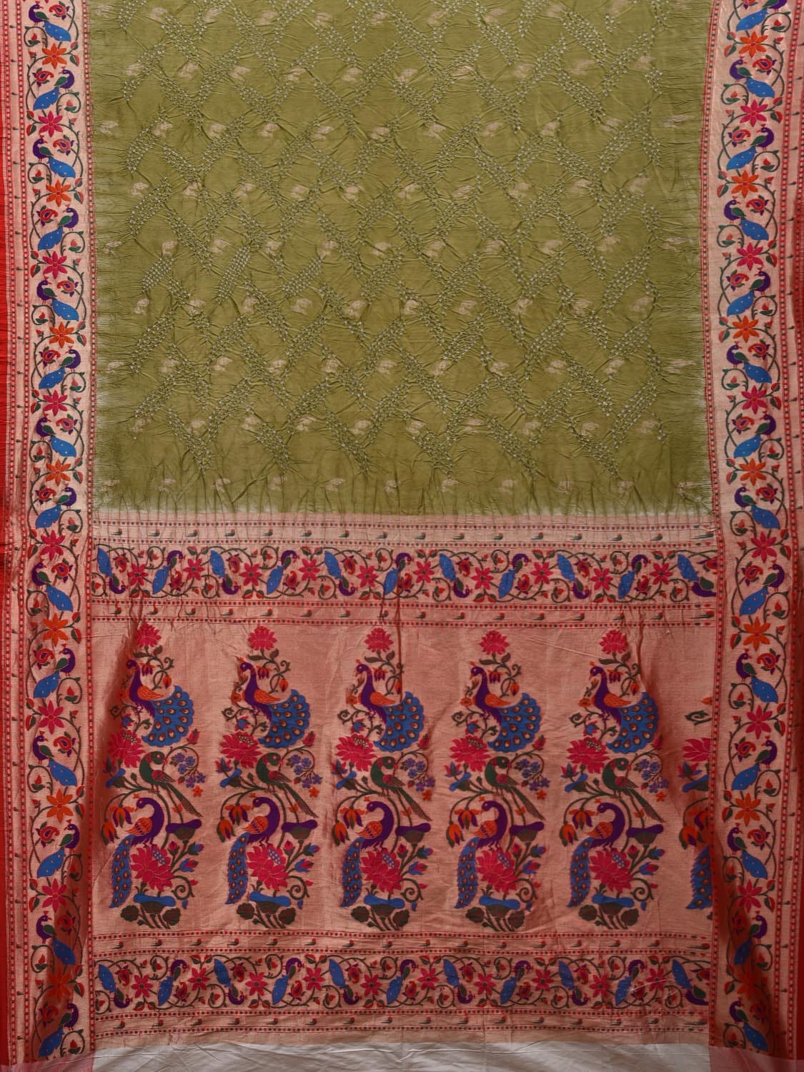 Olive Bandhani Paithani Silk Handloom Saree with Peacocks Border Design bn0347