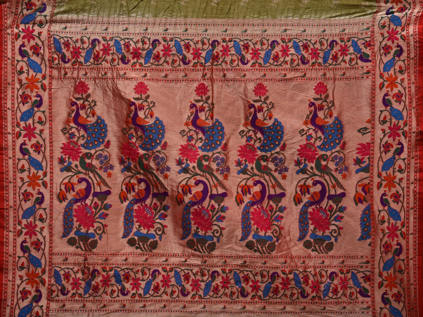 Olive Bandhani Paithani Silk Handloom Saree with Peacocks Border Design bn0347