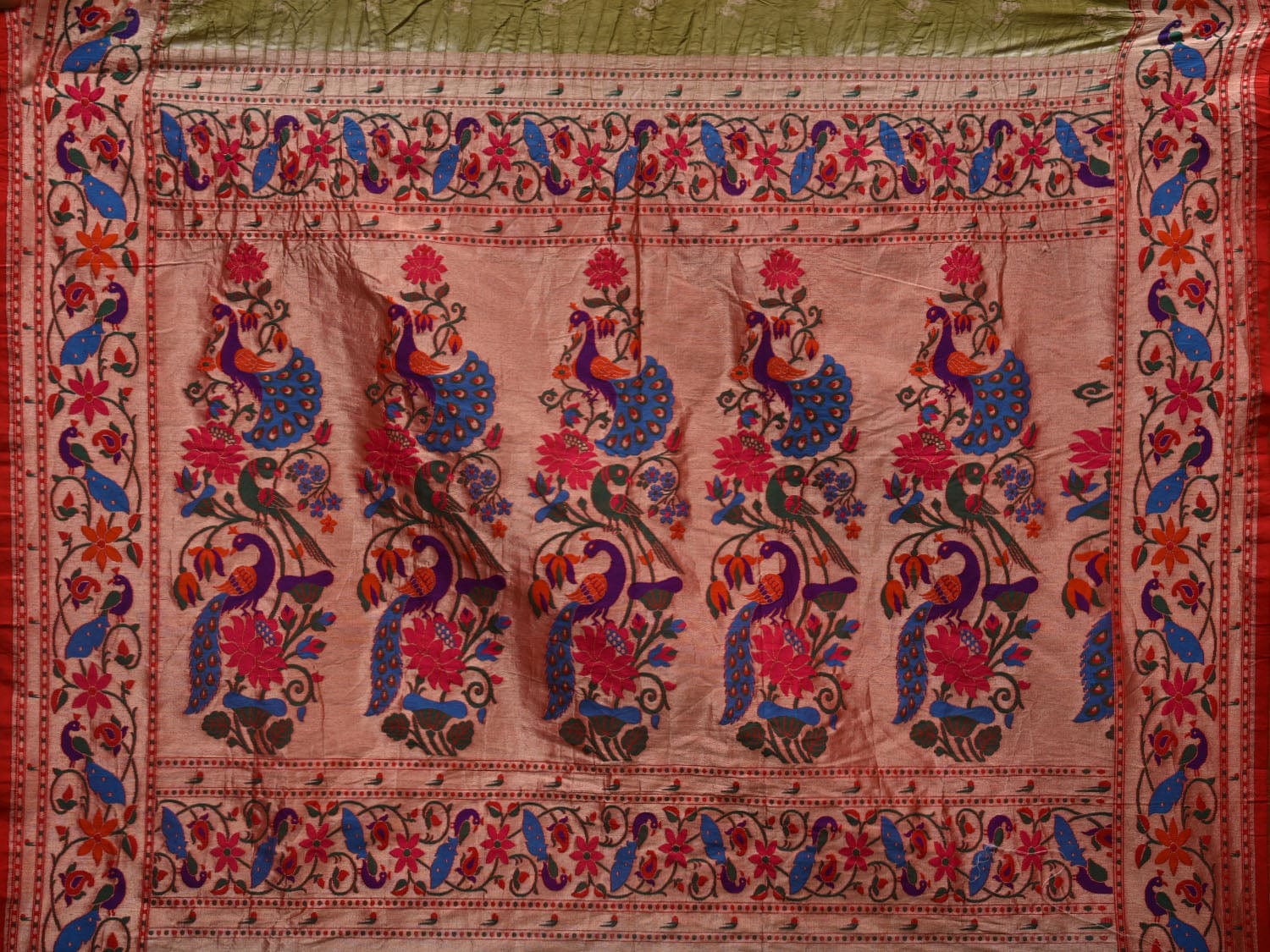 Olive Bandhani Paithani Silk Handloom Saree with Peacocks Border Design bn0347