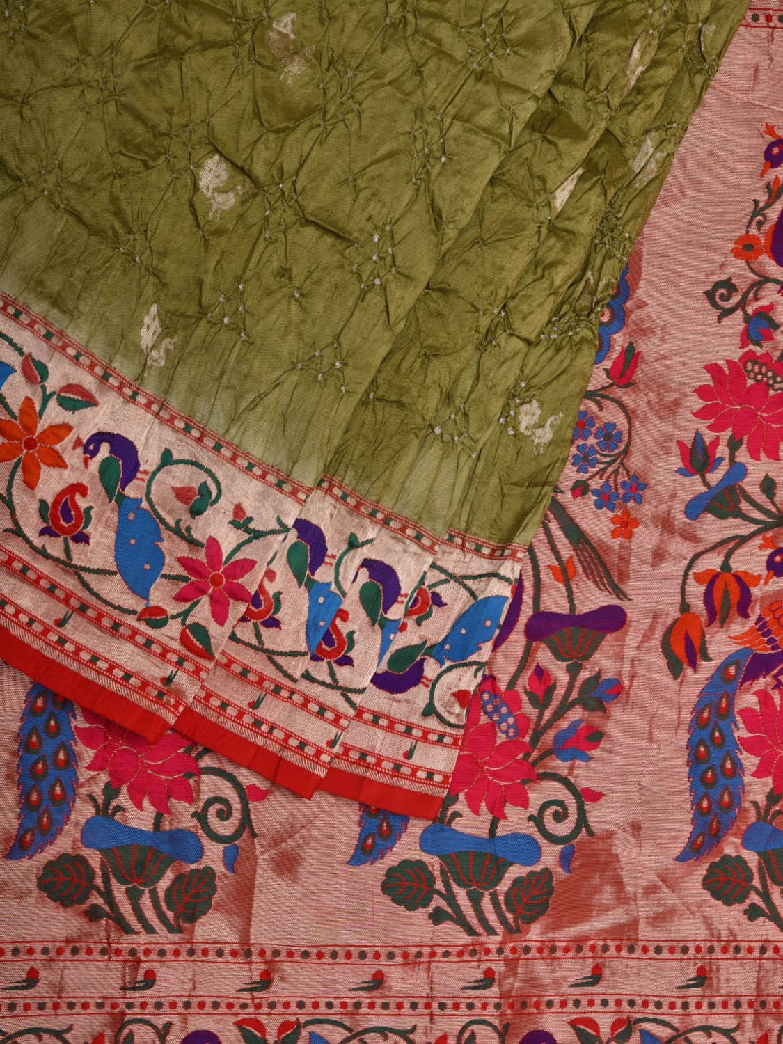 Olive Bandhani Paithani Silk Handloom Saree with Peacocks Border Design bn0347