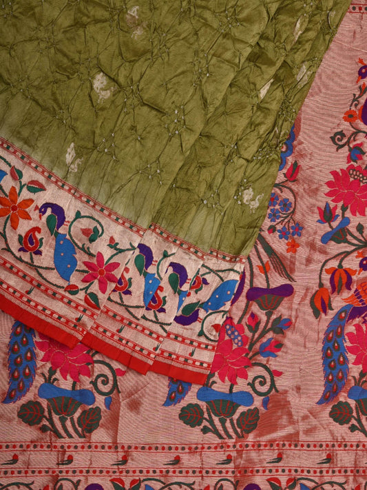 Olive Bandhani Paithani Silk Handloom Saree with Peacocks Border Design bn0347