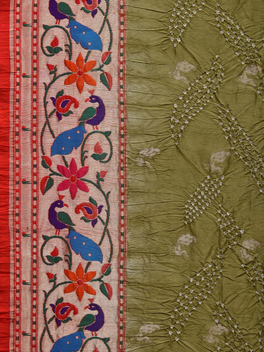 Olive Bandhani Paithani Silk Handloom Saree with Peacocks Border Design bn0347