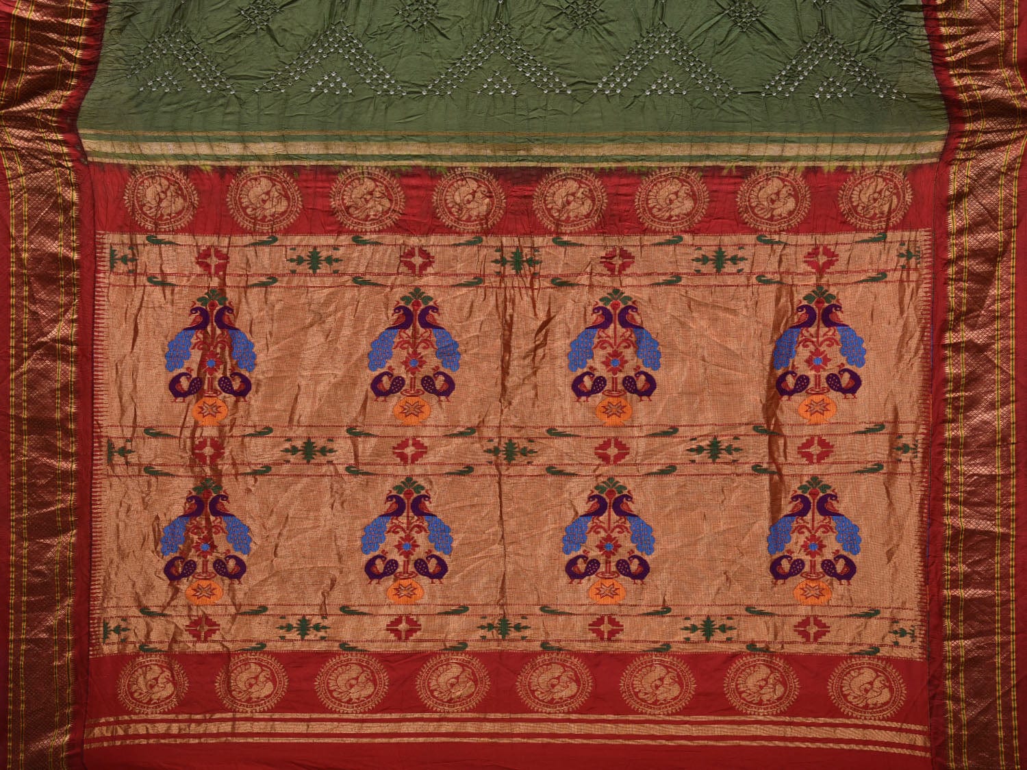 Olive Bandhani Paithani Silk Handloom Saree with Peacocks Pallu Design bn0379