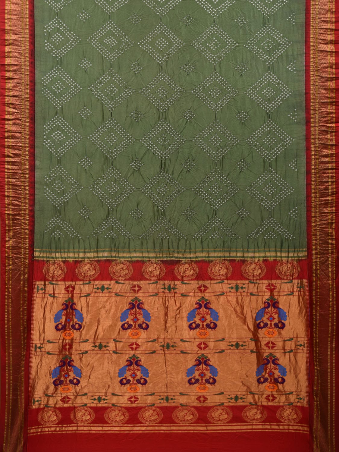 Olive Bandhani Paithani Silk Handloom Saree with Peacocks Pallu Design bn0379
