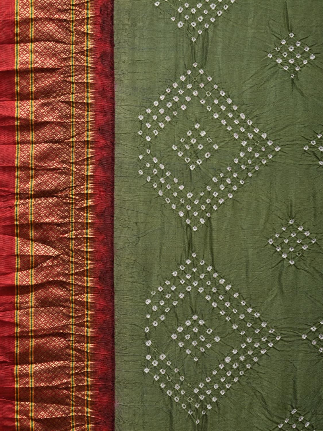 Olive Bandhani Paithani Silk Handloom Saree with Peacocks Pallu Design bn0379