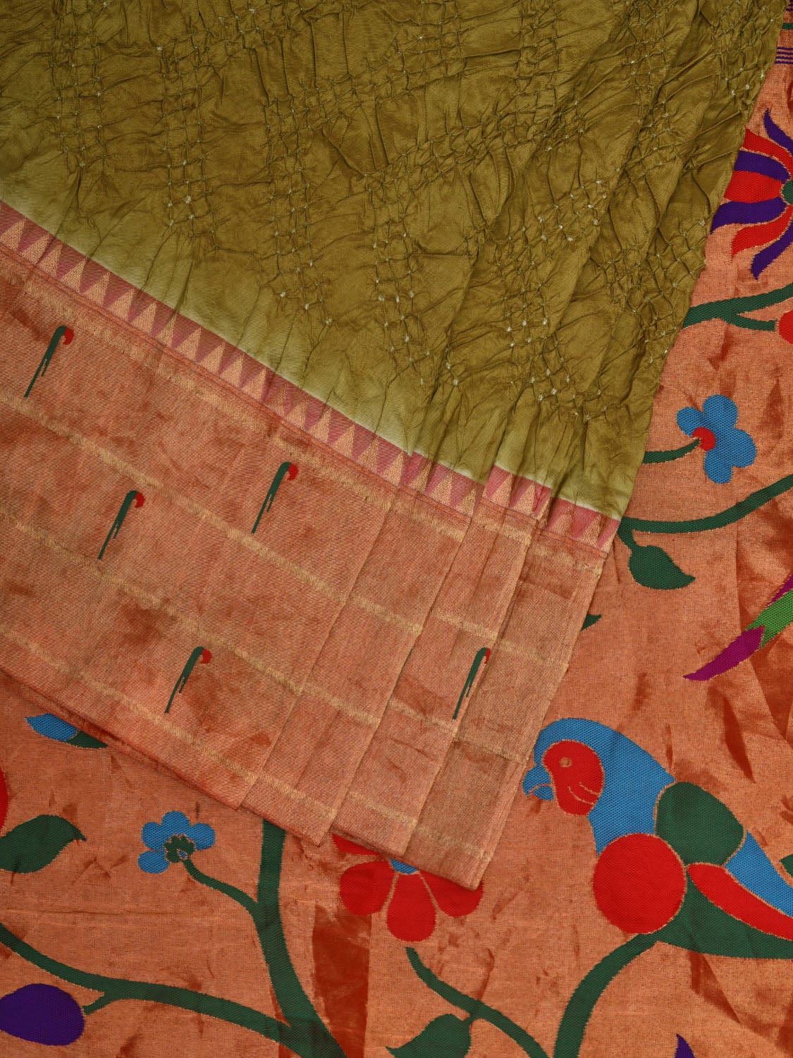 Olive Bandhani Paithani Silk Handloom Saree with Triple Muniya Border and Pallu Design bn0411