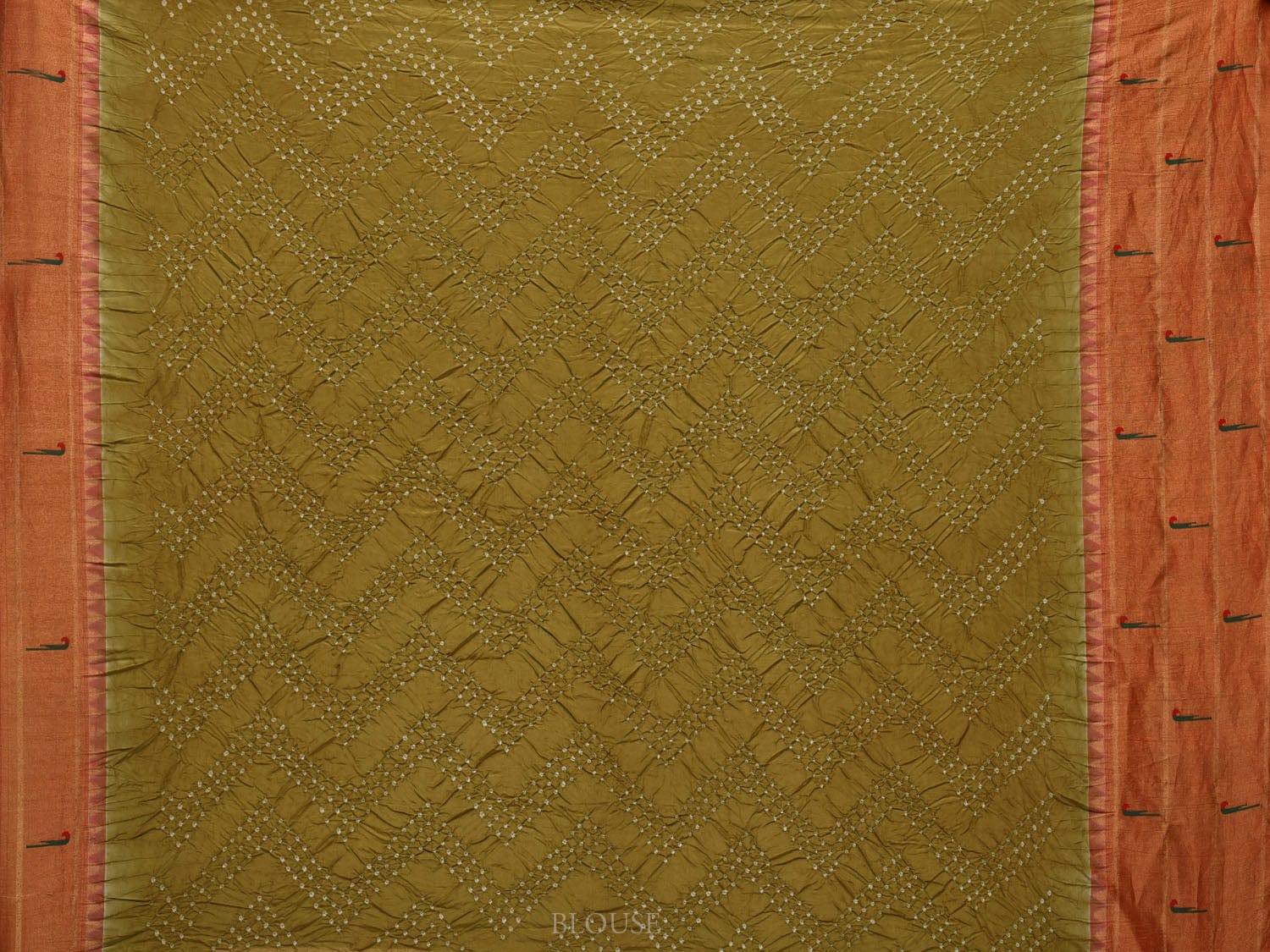 Olive Bandhani Paithani Silk Handloom Saree with Triple Muniya Border and Pallu Design bn0411