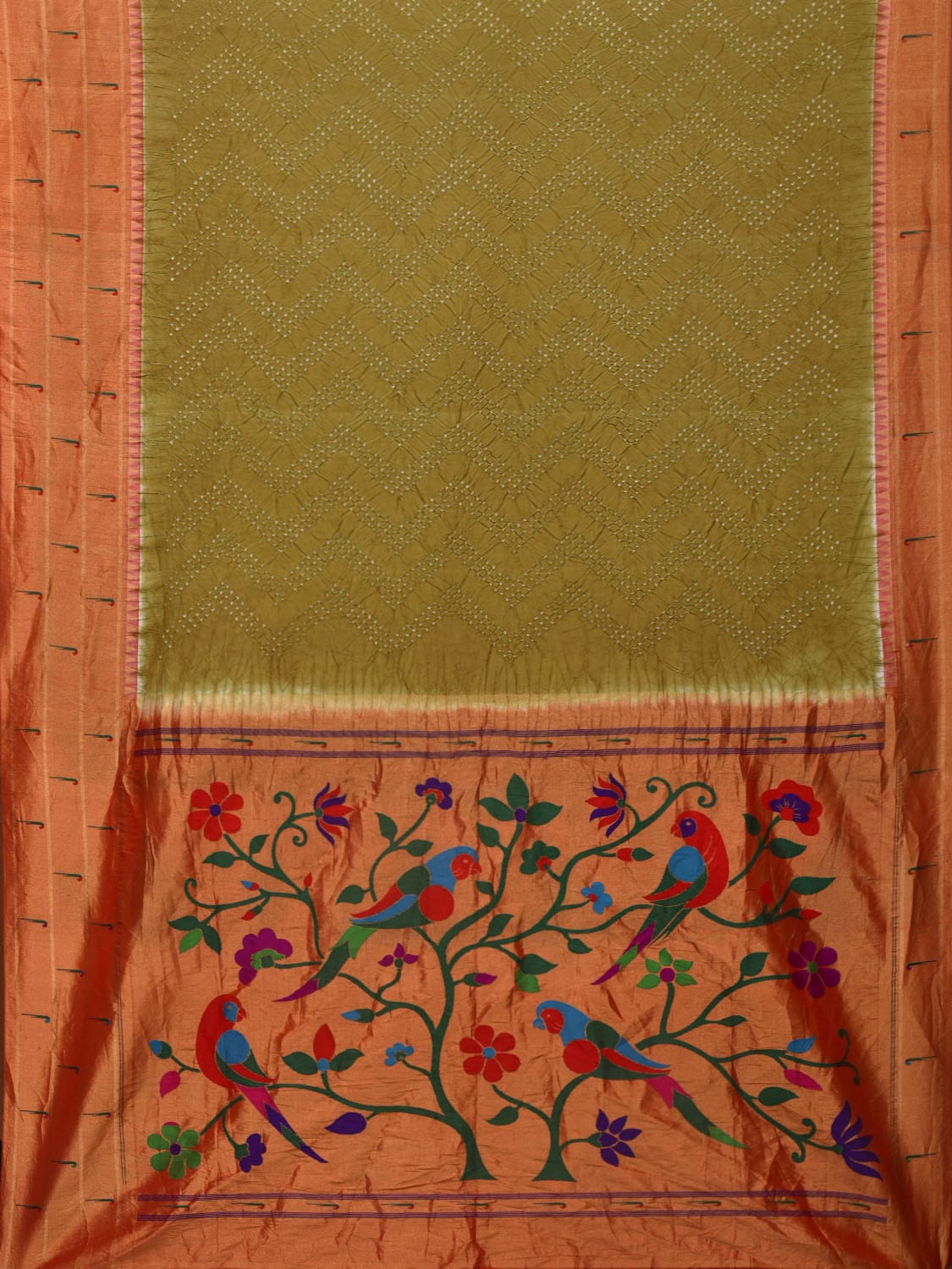 Olive Bandhani Paithani Silk Handloom Saree with Triple Muniya Border and Pallu Design bn0411