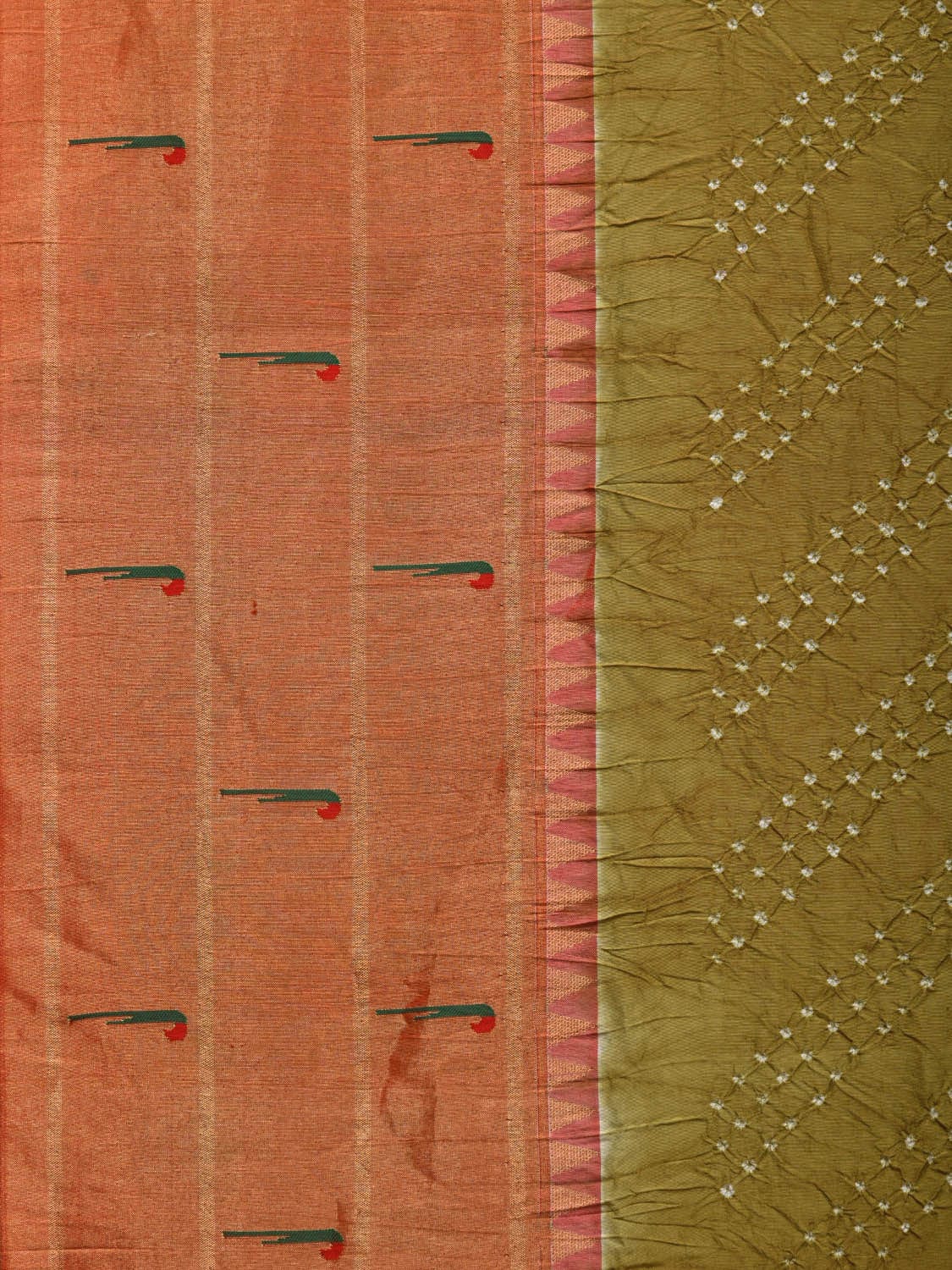 Olive Bandhani Paithani Silk Handloom Saree with Triple Muniya Border and Pallu Design bn0411