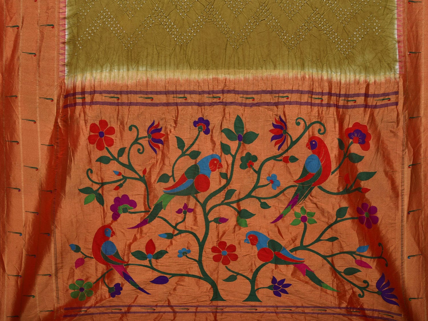 Olive Bandhani Paithani Silk Handloom Saree with Triple Muniya Border and Pallu Design bn0411