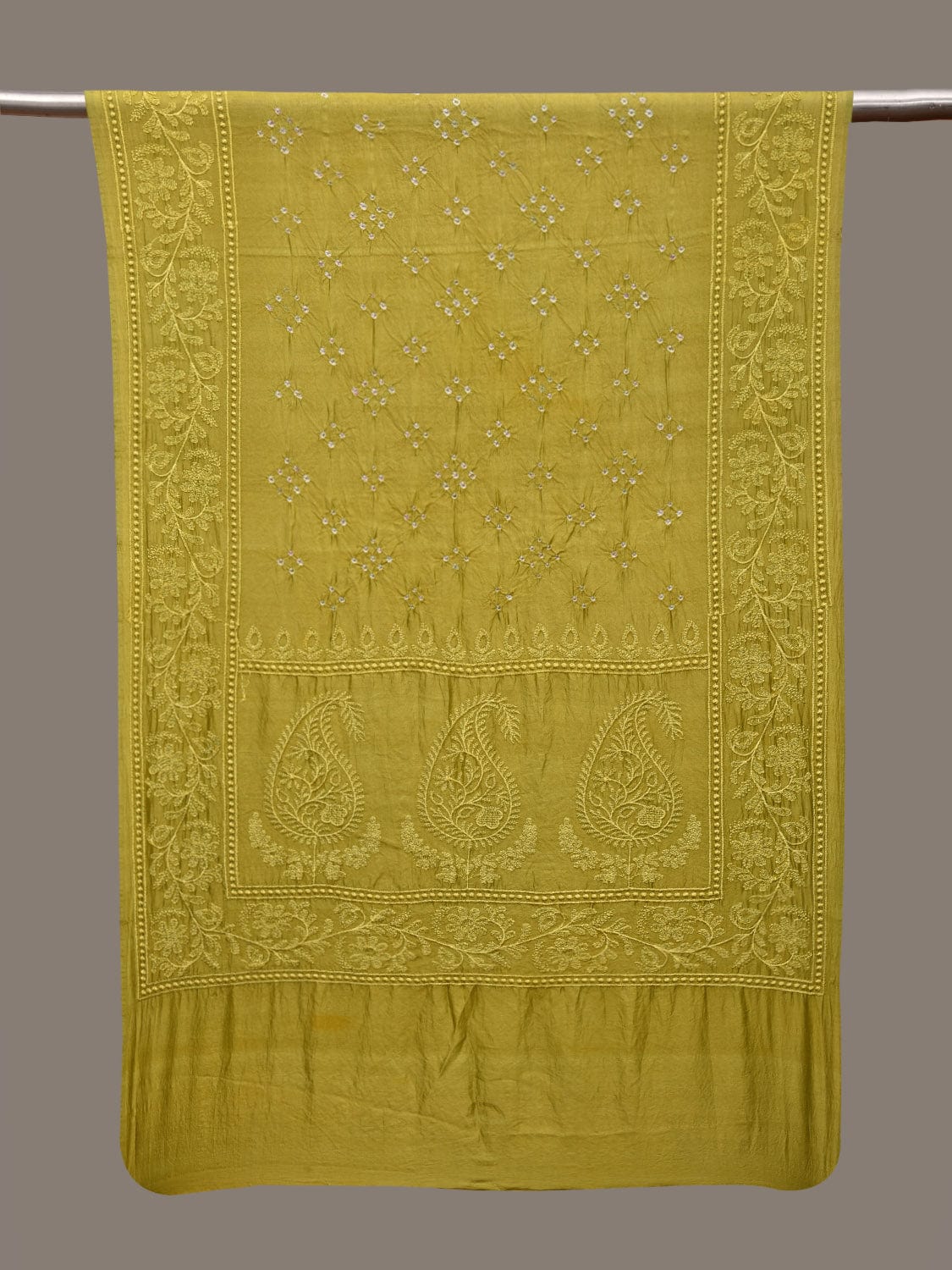 Olive Bandhani Silk Handloom Stole with Mango Embroidary Design ds2965