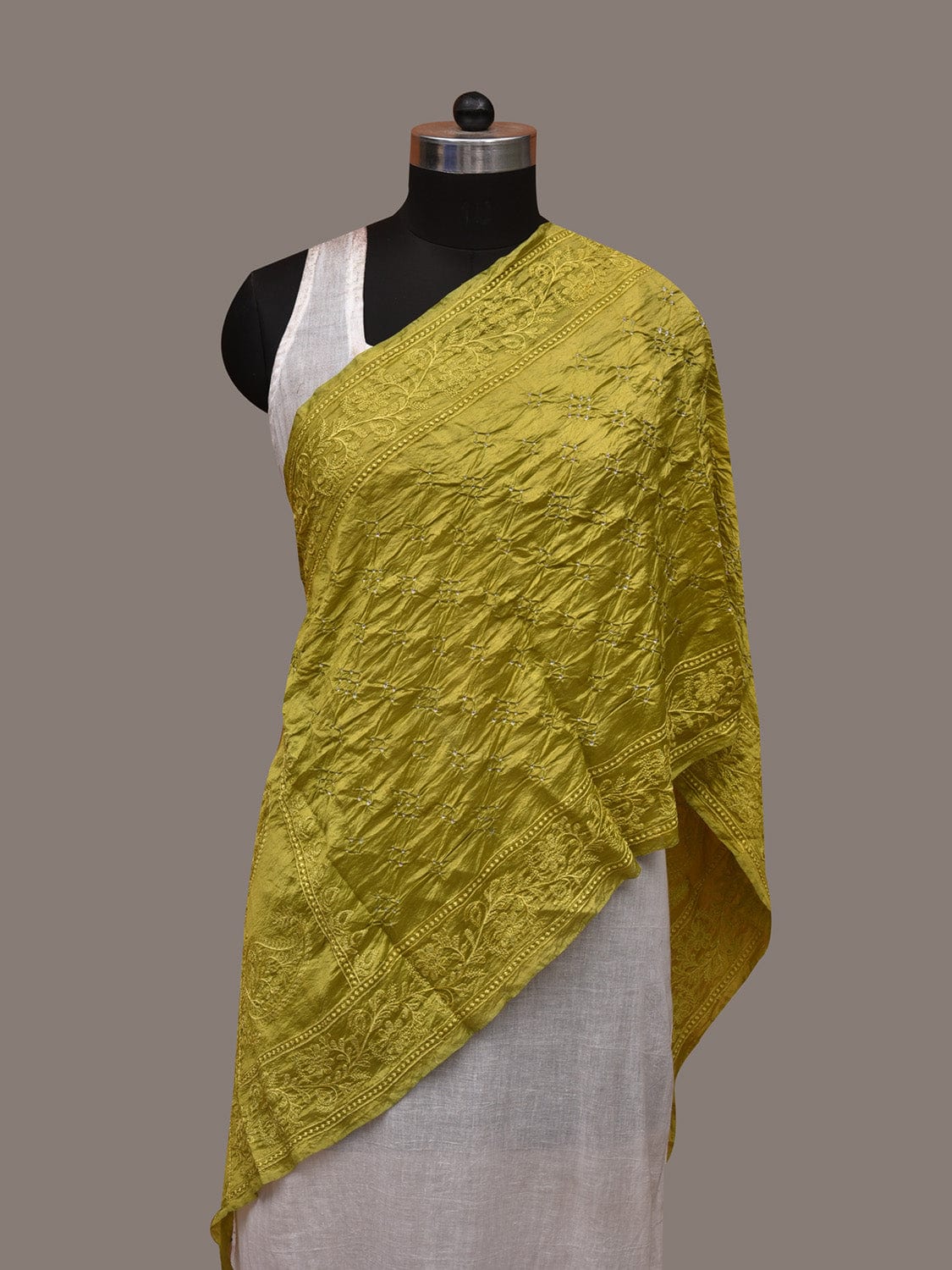 Olive Bandhani Silk Handloom Stole with Mango Embroidary Design ds2965