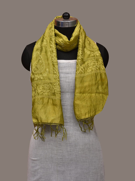 Olive Bandhani Silk Handloom Stole with Mango Embroidary Design ds2965