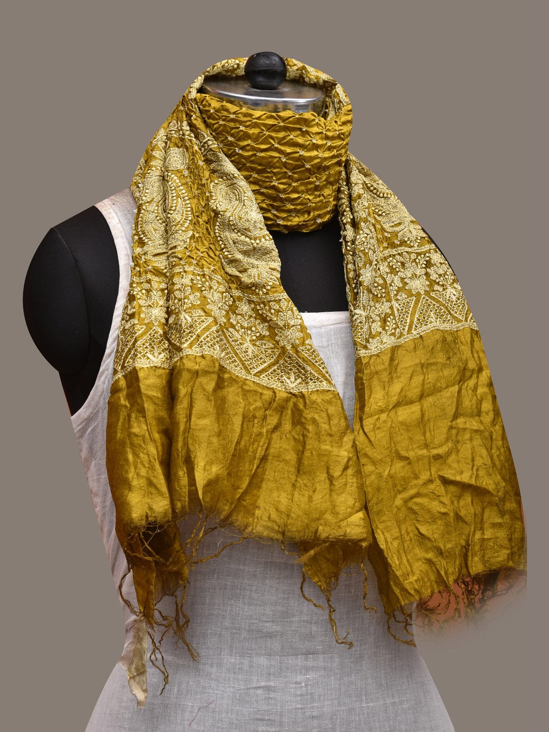 Olive Bandhani Silk Stole with Embroidary Work Design ds2857