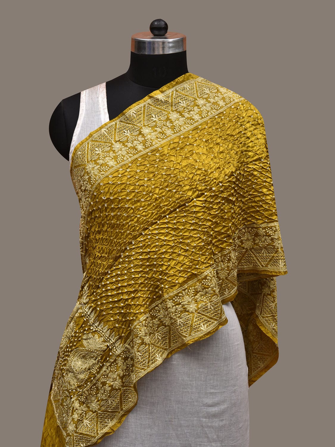 Olive Bandhani Silk Stole with Embroidary Work Design ds2857