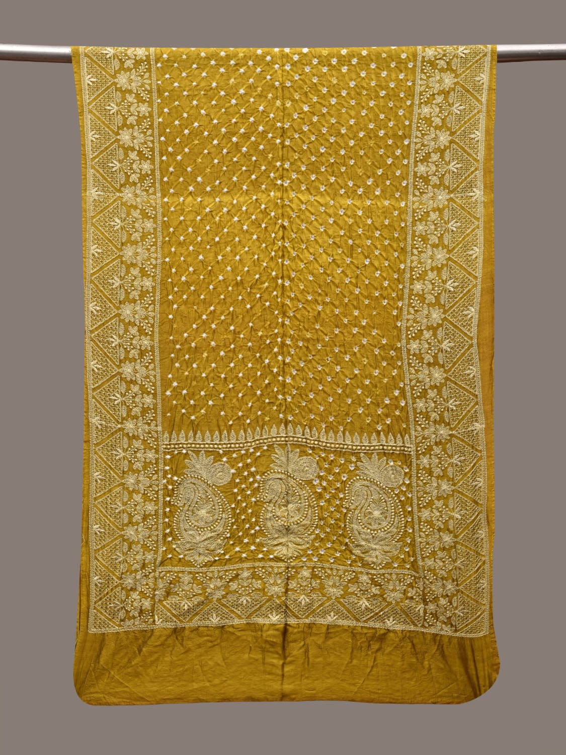 Olive Bandhani Silk Stole with Embroidary Work Design ds2857