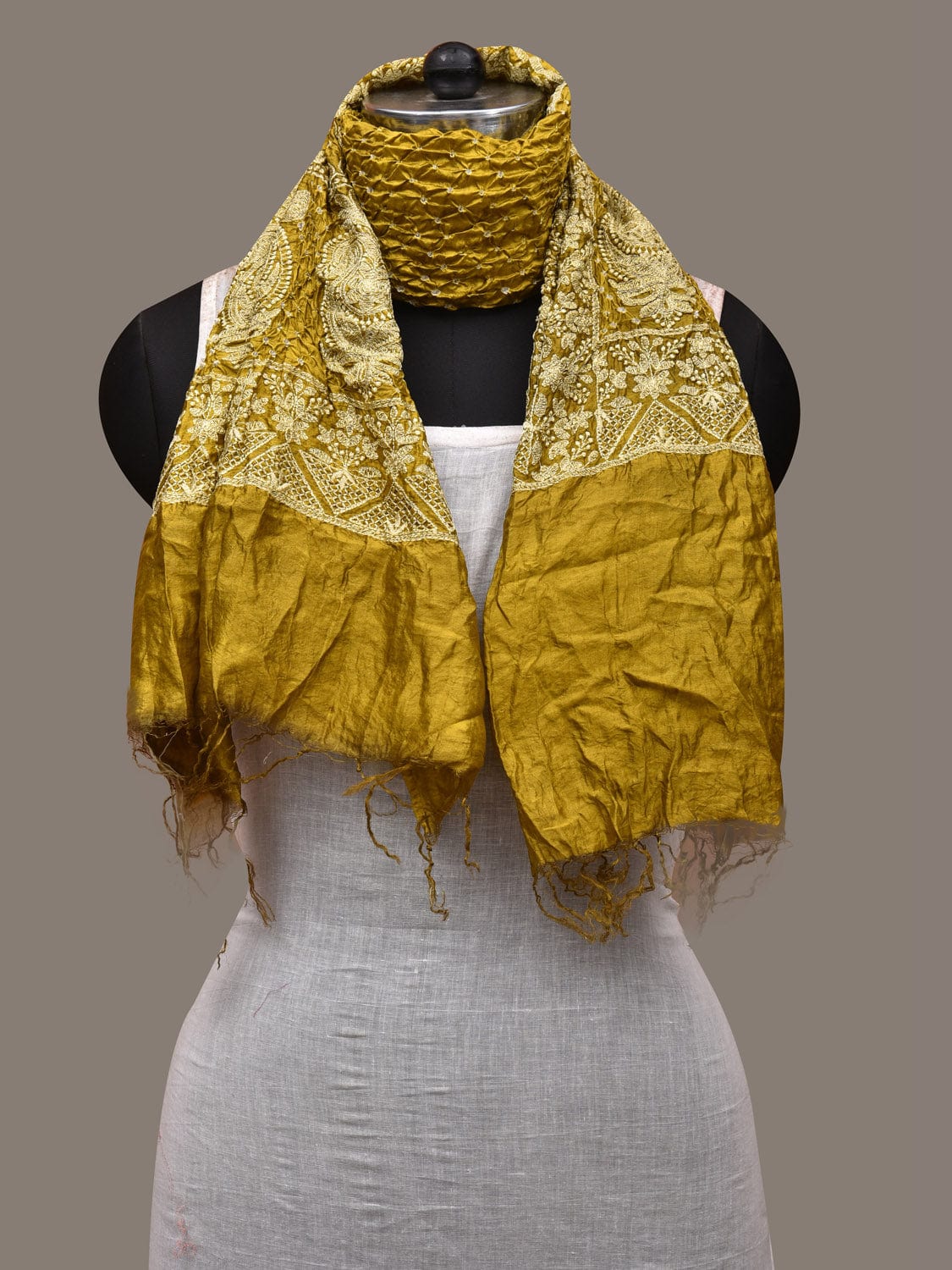 Olive Bandhani Silk Stole with Embroidary Work Design ds2857