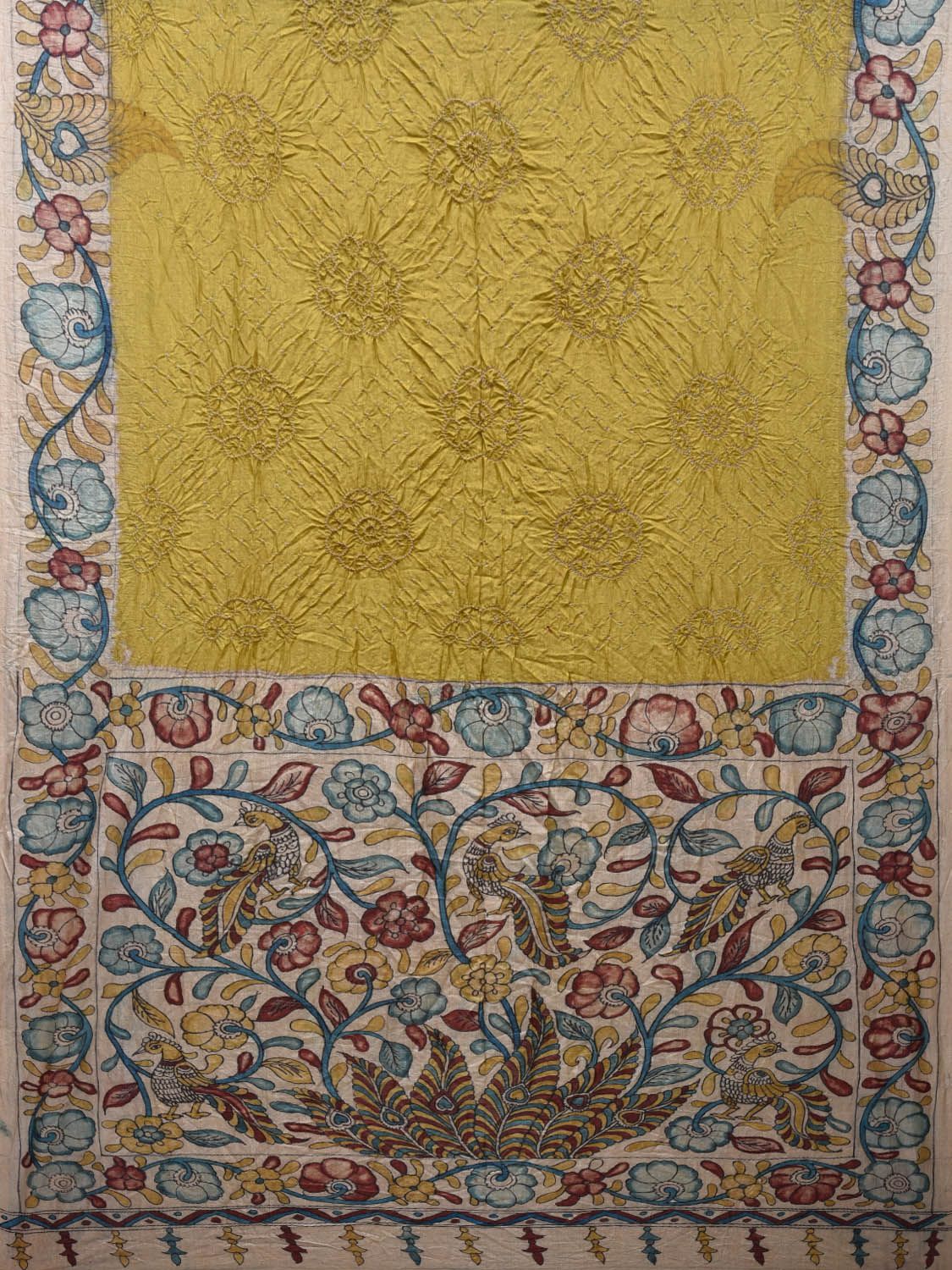 Olive Bandhani Tussar Handloom Saree with Border and Pallu Kalamkari Design bn0257