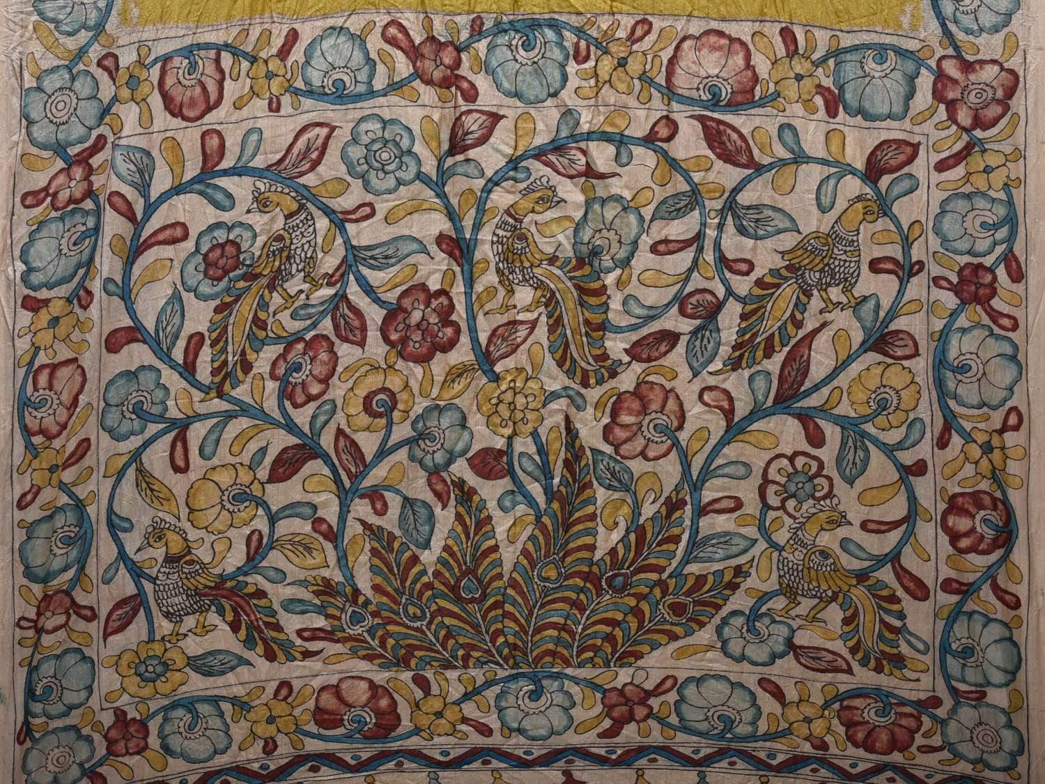 Olive Bandhani Tussar Handloom Saree with Border and Pallu Kalamkari Design bn0257