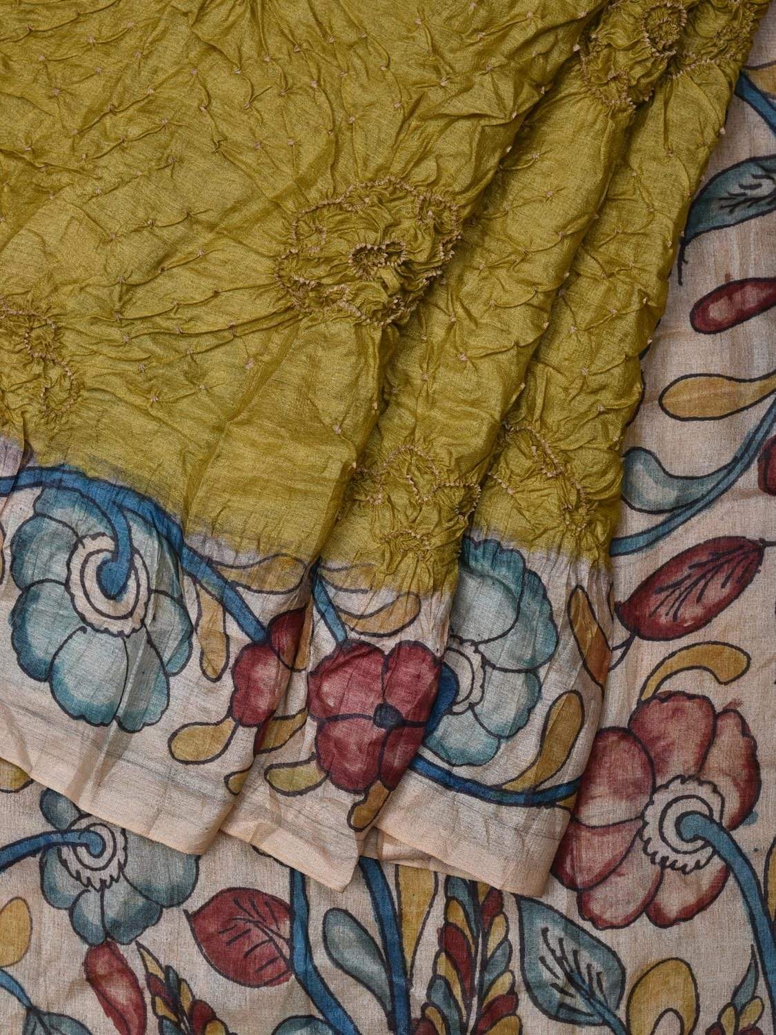 Olive Bandhani Tussar Handloom Saree with Border and Pallu Kalamkari Design bn0257