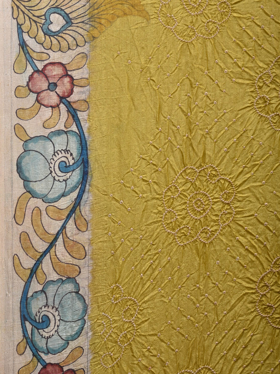 Olive Bandhani Tussar Handloom Saree with Border and Pallu Kalamkari Design bn0257