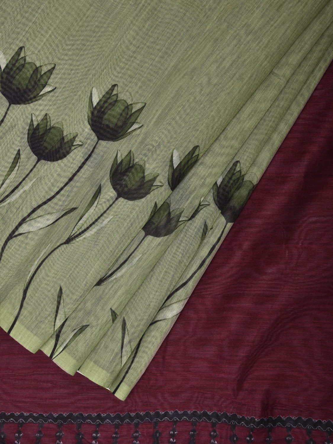 Olive Cotton Saree with Lotus Plaints Border Digital Print Design o0501