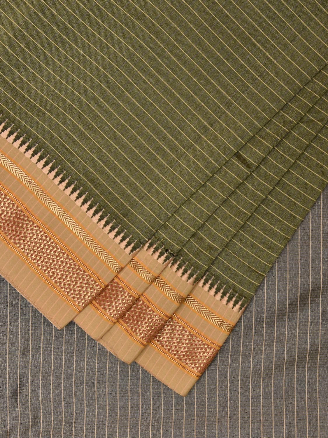 Olive Green and Cream Bamboo Viscose Silk Saree with Checks Design No Blouse bc0556