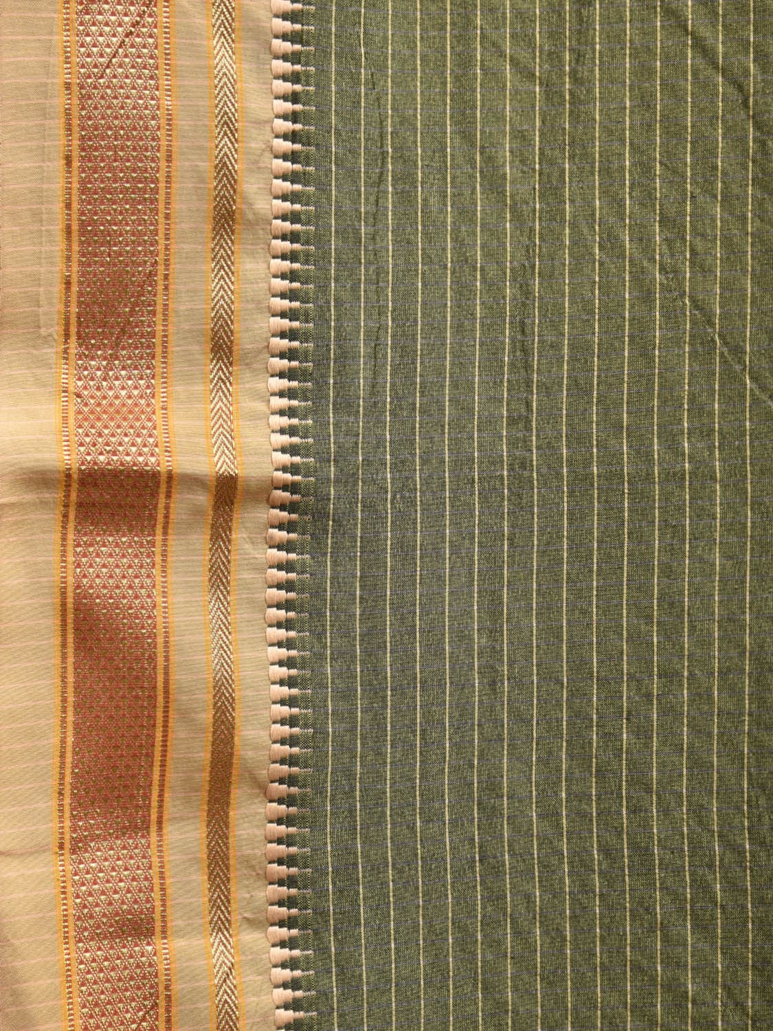 Olive Green and Cream Bamboo Viscose Silk Saree with Checks Design No Blouse bc0556