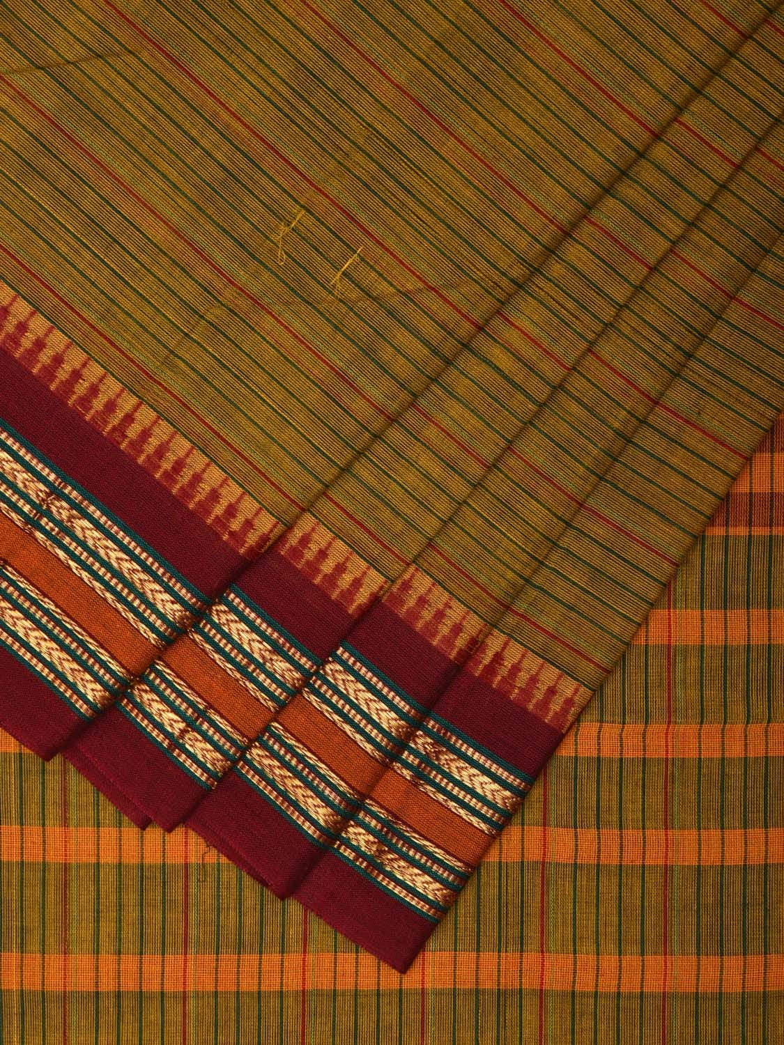 Olive Green and Maroon Narayanpet Cotton Handloom Saree with Strips Design No Blouse np1007
