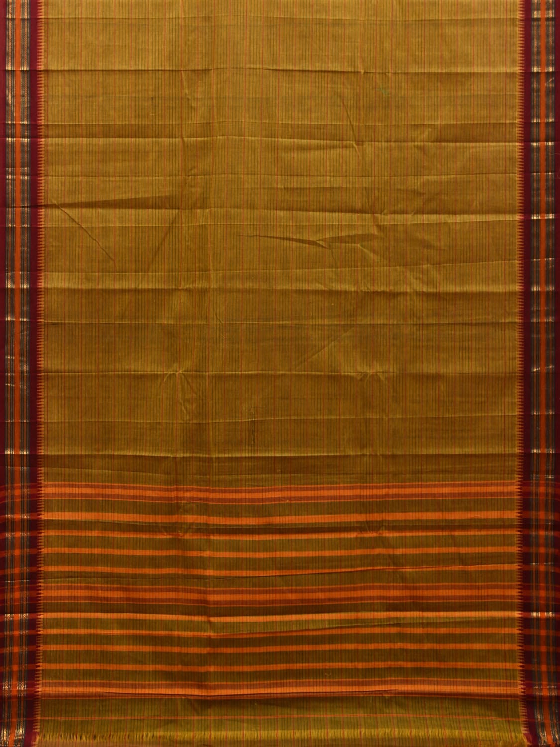 Olive Green and Maroon Narayanpet Cotton Handloom Saree with Strips Design No Blouse np1007
