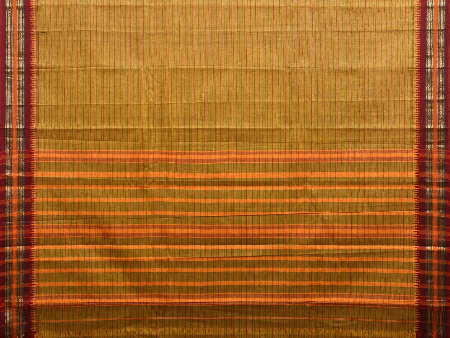 Olive Green and Maroon Narayanpet Cotton Handloom Saree with Strips Design No Blouse np1007