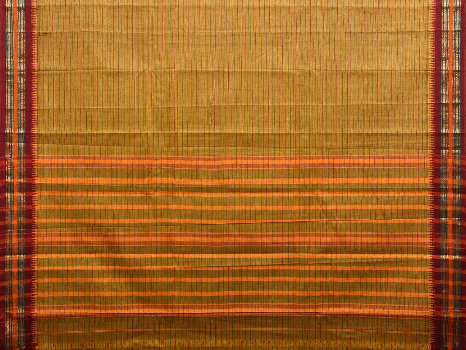 Olive Green and Maroon Narayanpet Cotton Handloom Saree with Strips Design No Blouse np1007