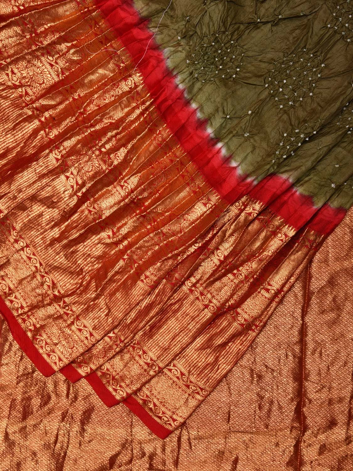 Olive Green and Red Bandhani Kanchipuram Silk Handloom Saree with Floral Design bn0499